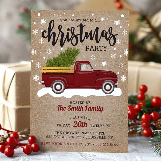 ヴィンテージレッドトラックとクリスマスツリーレトロパーティー 招待状