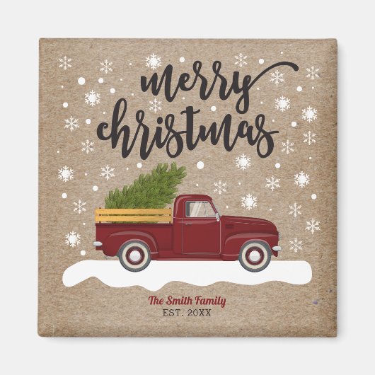 ヴィンテージレッドトラックとクリスマスツリーレトロ マグネット (正面)