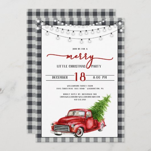 ヴィンテージレッドトラックとツリーのクリスマスパーティー 招待状 (正面/裏面)
