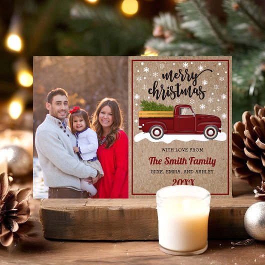 ヴィンテージレッドトラックとツリーのクリスマスフォト シーズンカード