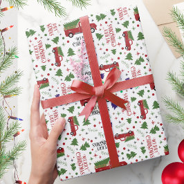 ヴィンテージレッドトラックとツリーのクリスマス ラッピングペーパー