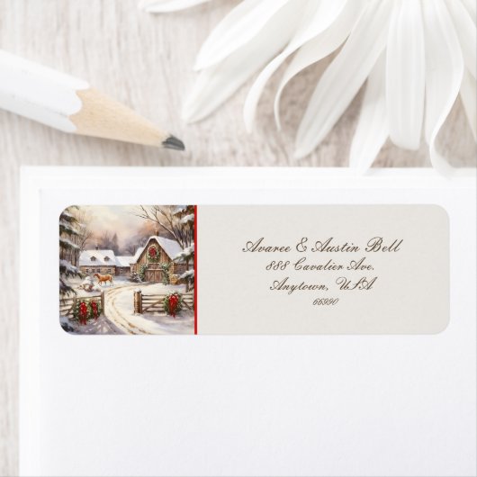 ヴィンテージレッドトラックとファーミヤードホースリース ラベル (インサイチュ)