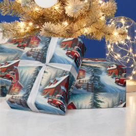 ヴィンテージレッドトラックとレッドバーンクリスマス ラッピングペーパー