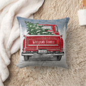 ヴィンテージレッドトラックのクリスマスツリー素朴名 クッション (ブランケット)