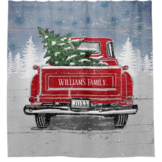 ヴィンテージレッドトラックのクリスマスツリー素朴名 シャワーカーテン (正面)