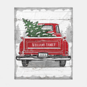 ヴィンテージレッドトラックのクリスマスツリー素朴名 フリースブランケット