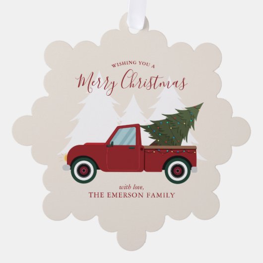 ヴィンテージレッドトラックのクリスマスフォト オーナメントカード (正面)