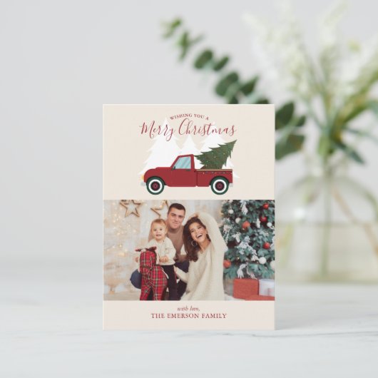 ヴィンテージレッドトラックのクリスマスフォト シーズンポストカード (スタンド正面)