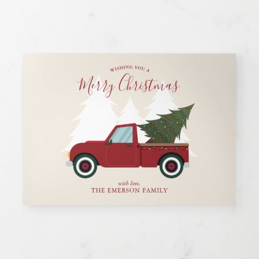 ヴィンテージレッドトラックのクリスマスフォト 三つ折りクリスマスカード (カバー)