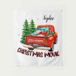 ヴィンテージレッドトラックのクリスマスムービー タペストリー