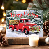 ヴィンテージレッドトラックの雪の森のクリスマス シーズンカード