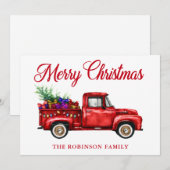 ヴィンテージレッドトラックギフトツリークリスマスファミリー名 シーズンカード (正面/裏面)
