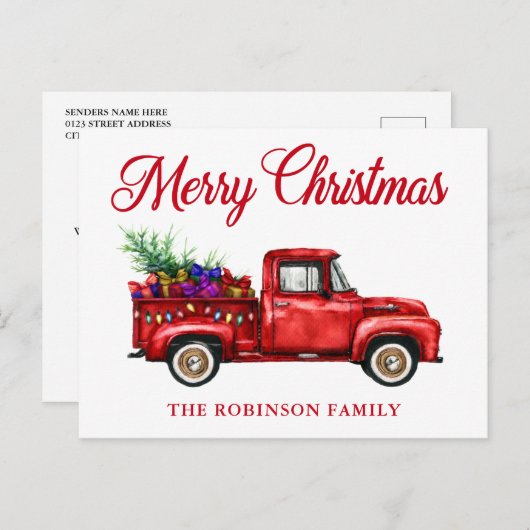 ヴィンテージレッドトラックギフトツリー クリスマスファミリー名 ポストカード (正面/裏面)