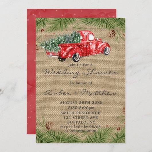 ヴィンテージレッドトラッククリスマスウェディングシャワー招待状 (正面/裏面)