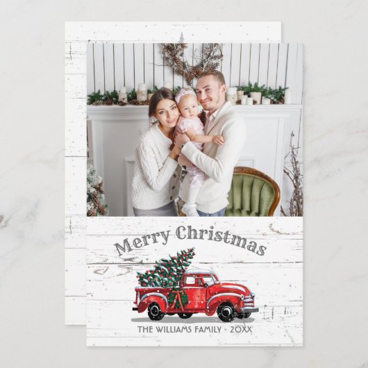 ヴィンテージレッドトラッククリスマスツリーの写真素朴 シーズンカード (正面/裏面)