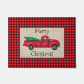ヴィンテージレッドトラッククリスマスツリーの格子模様 ドアマット (正面)