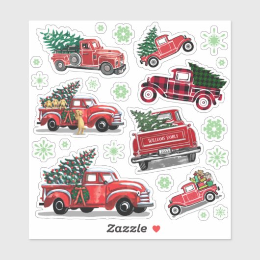 ヴィンテージレッドトラッククリスマスツリーグリーンスノーフレーク シール (シート)