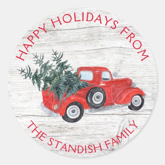 ヴィンテージレッドトラッククリスマスツリーズバーンドウッド ラウンドシール (正面)