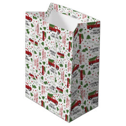 ヴィンテージレッドトラッククリスマスツリーパターン ミディアムペーパーバッグ