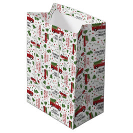ヴィンテージレッドトラッククリスマスツリーパターン ミディアムペーパーバッグ