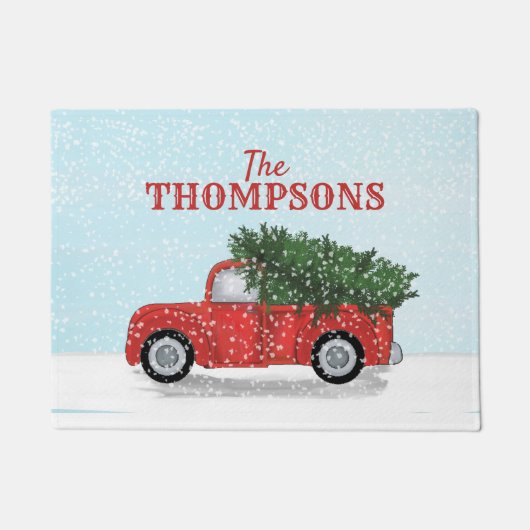 ヴィンテージレッドトラッククリスマスツリーパーソナライズされた雪 ドアマット (正面)