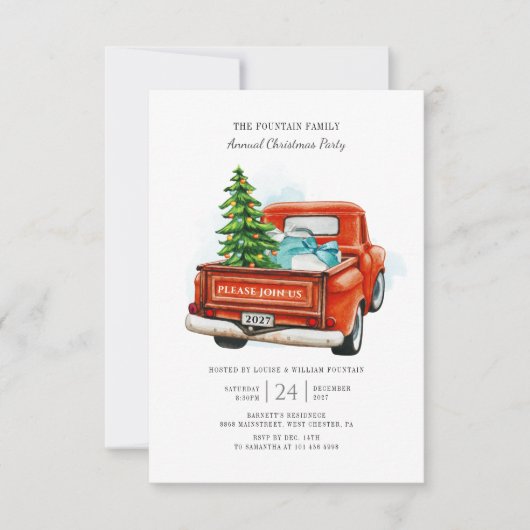 ヴィンテージレッドトラッククリスマスツリーファミリーパーティー ノートカード (正面)