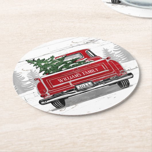 ヴィンテージレッドトラッククリスマスツリーファミリー名 ラウンドペーパーコースター (アングル)