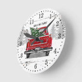 ヴィンテージレッドトラッククリスマスツリーファミリー名 ラウンド壁時計 (傾斜)