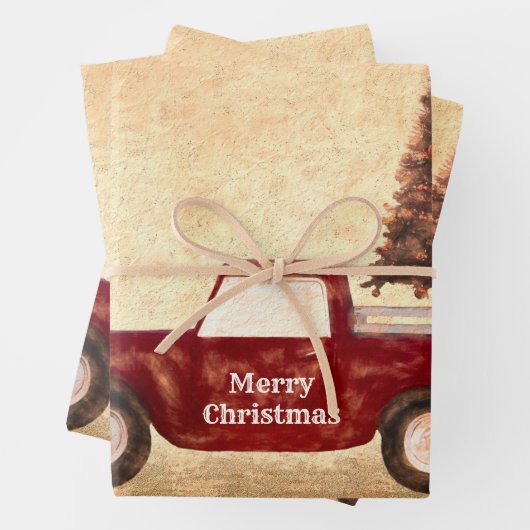 ヴィンテージレッドトラッククリスマスツリーファームハ素朴ウス ラッピングペーパーシート (インサイチュ)