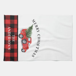 ヴィンテージレッドトラッククリスマスツリープレイドファームハウス キッチンタオル