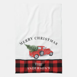 ヴィンテージレッドトラッククリスマスツリープレイドファームハウス キッチンタオル