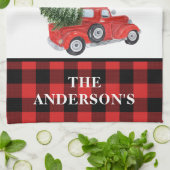 ヴィンテージレッドトラッククリスマスツリープレイドファームハウス キッチンタオル (折り畳み)