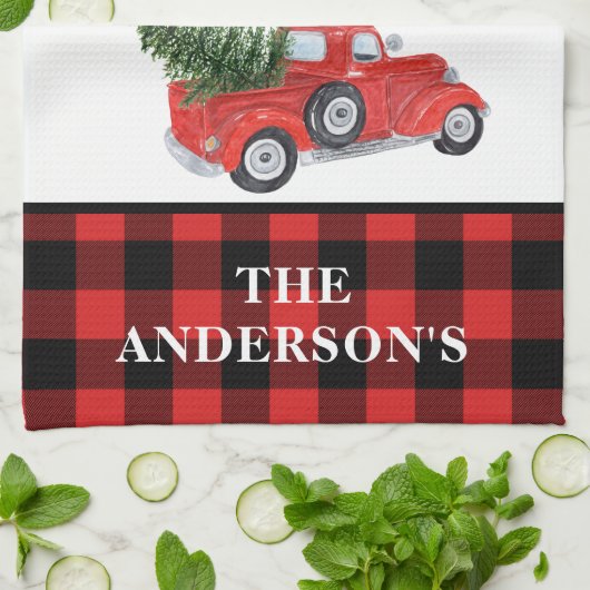 ヴィンテージレッドトラッククリスマスツリープレイドファームハウス キッチンタオル (折り畳み)