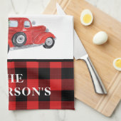 ヴィンテージレッドトラッククリスマスツリープレイドファームハウス キッチンタオル (四つ折り)