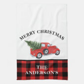 ヴィンテージレッドトラッククリスマスツリープレイドファームハウス キッチンタオル (縦)