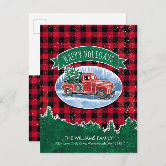 ヴィンテージレッドトラッククリスマスツリーホリデームービング 案内ポストカード (正面/裏面)