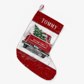 ヴィンテージレッドトラッククリスマスツリーボーイ名 スモールクリスマスストッキング (正面 (吊り時))
