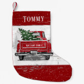 ヴィンテージレッドトラッククリスマスツリーボーイ名 スモールクリスマスストッキング (正面)