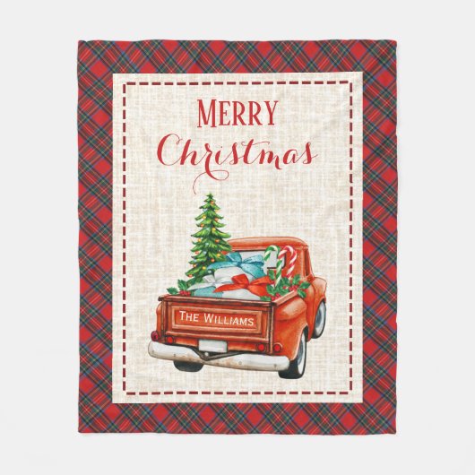 ヴィンテージレッドトラッククリスマスツリー格子模様 フリースブランケット (正面)
