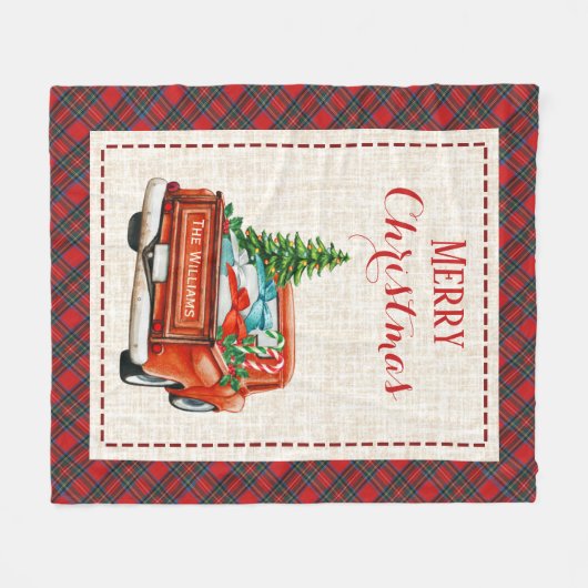 ヴィンテージレッドトラッククリスマスツリー格子模様 フリースブランケット (正面(横))