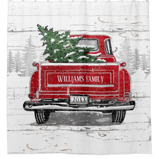 ヴィンテージレッドトラッククリスマスツリー素朴ネームショー シャワーカーテン (正面)