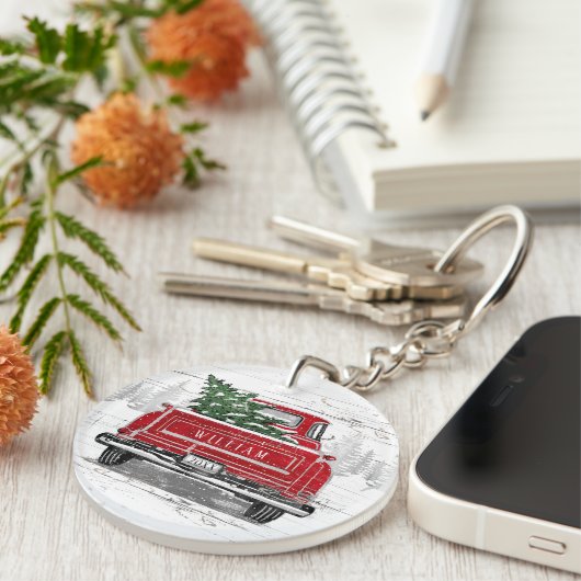 ヴィンテージレッドトラッククリスマスツリー素朴名木 キーホルダー (正面右)