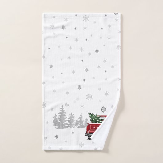 ヴィンテージレッドトラッククリスマスツリー雪片名 バスタオルセット (ハンドタオル)