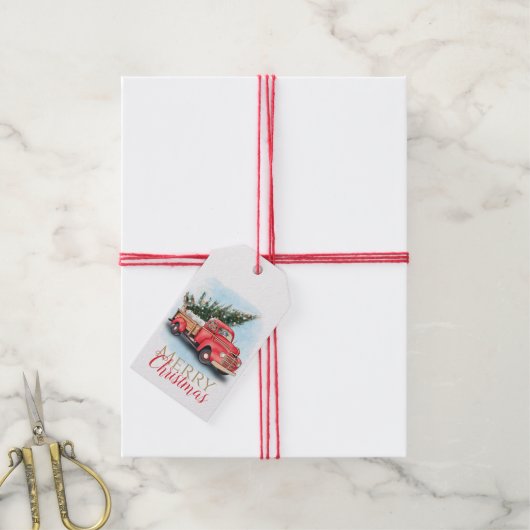 ヴィンテージレッドトラッククリスマスツリー ギフトタグ (より糸付き)