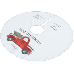 ヴィンテージレッドトラッククリスマスファミリー名ツリースカート ブラッシュドポリエステルツリースカート