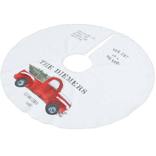 ヴィンテージレッドトラッククリスマスファミリー名ツリースカート ブラッシュドポリエステルツリースカート (アングル)