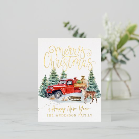 ヴィンテージレッドトラッククリスマスポストカード 箔シーズンポストカード (立ち正面)