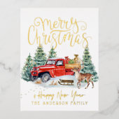 ヴィンテージレッドトラッククリスマスポストカード 箔シーズンポストカード (正面)