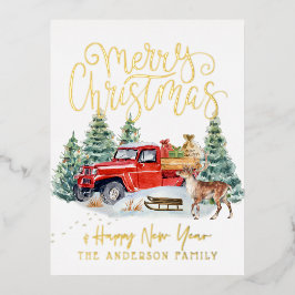 ヴィンテージレッドトラッククリスマスポストカード 箔シーズンポストカード