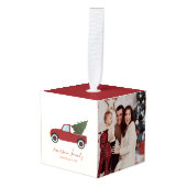 ヴィンテージレッドトラッククリスマス3写真 キューブオーナメント (正面アングル)